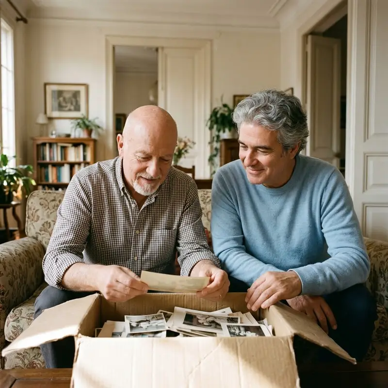 Dos hermanos de unos cincuenta años mirando una caja de fotos antiguas en el salón del piso de sus padres