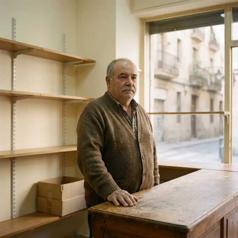 Dueño de una pequeña tienda de barrio de unos sesenta años en su local vacío el día del cierre