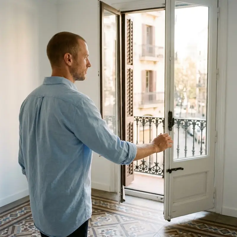 Hombre de unos cuarenta años abriendo el balcón de un piso vacío y luminoso de Barcelona