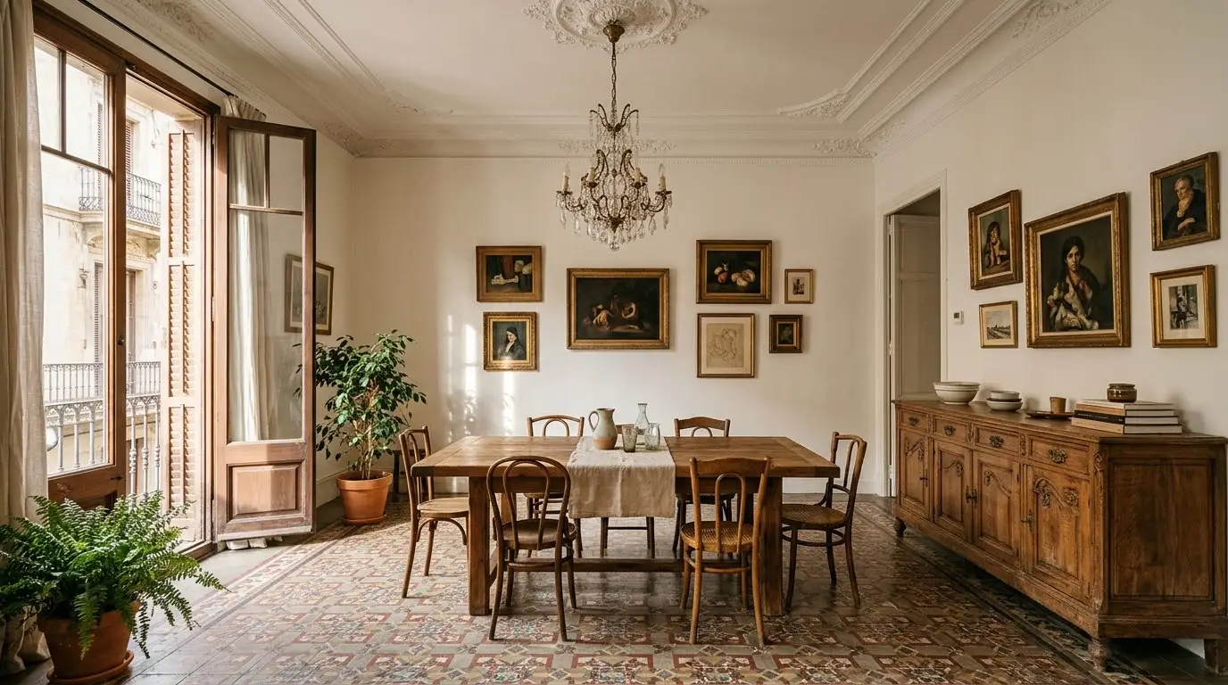 Comedor de un piso antiguo de Barcelona con un aparador de madera maciza, sillas de época y una lámpara de techo de cristal