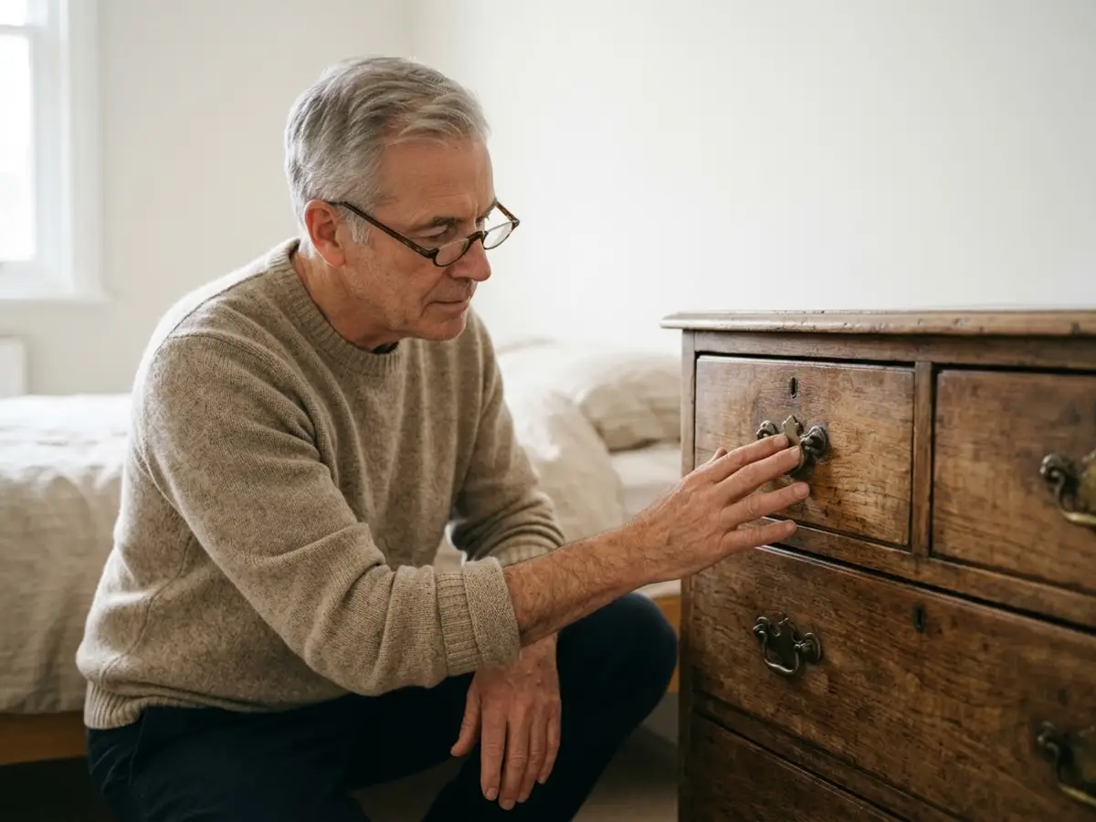 Hombre de unos sesenta años con gafas mirando de cerca una cómoda antigua de madera en un dormitorio