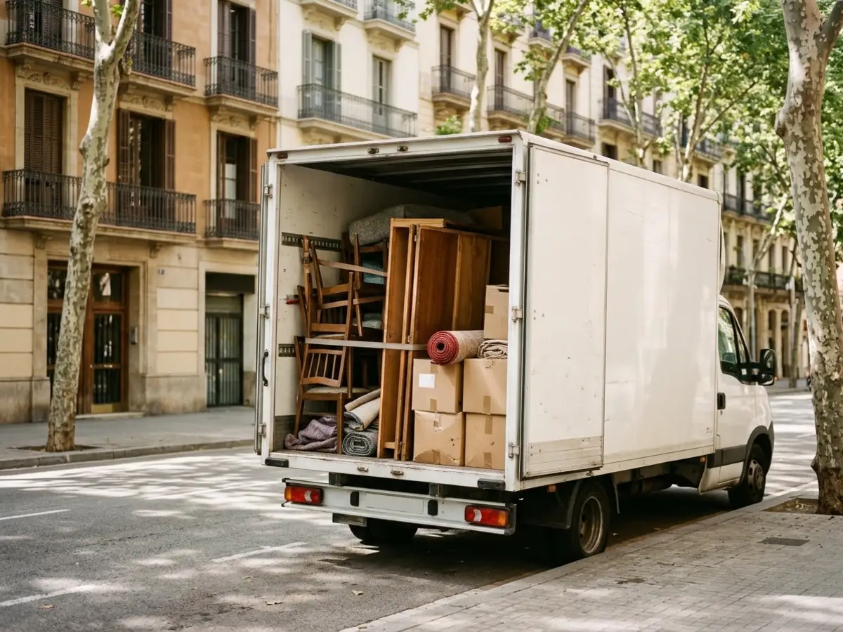 Muebles de madera y cajas separados por tipo en la caja de un camión de mudanzas blanco sin letras