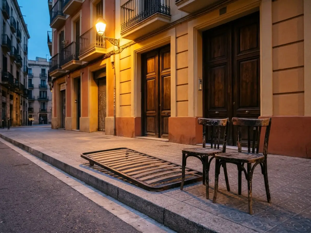 Somier y sillas viejas dejados en orden junto al bordillo delante del portal de un edificio de Barcelona al anochecer