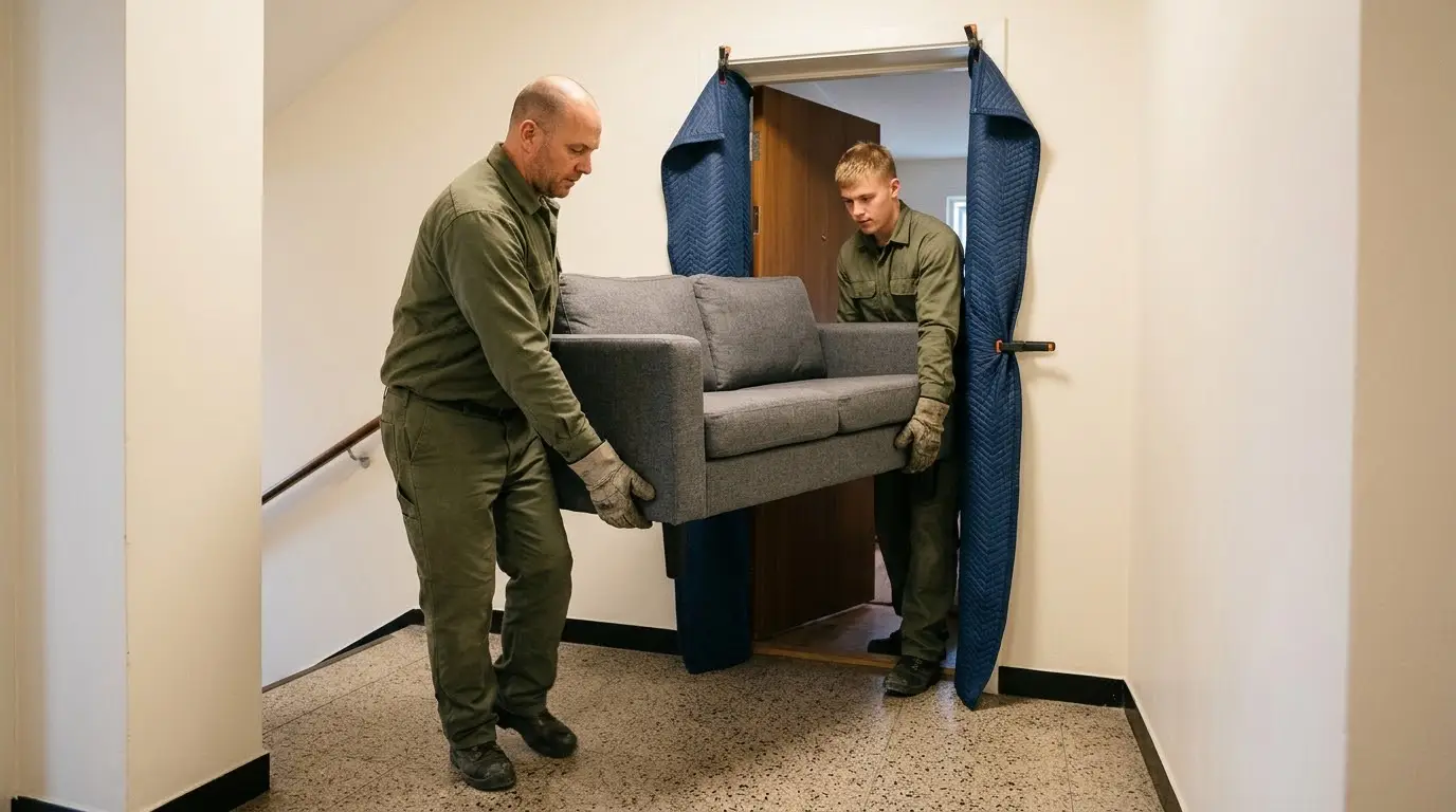 Dos operarios con ropa de trabajo lisa sacando un sofá por la puerta de un piso hacia el rellano