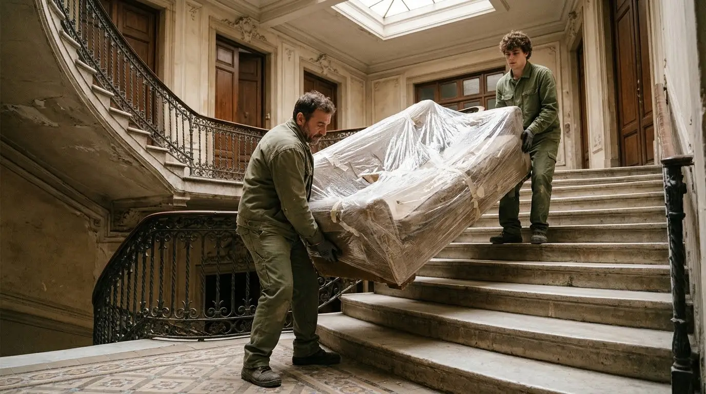 Dos operarios con ropa de trabajo lisa bajando un sofá envuelto en plástico por la escalera de un edificio antiguo de Barcelona