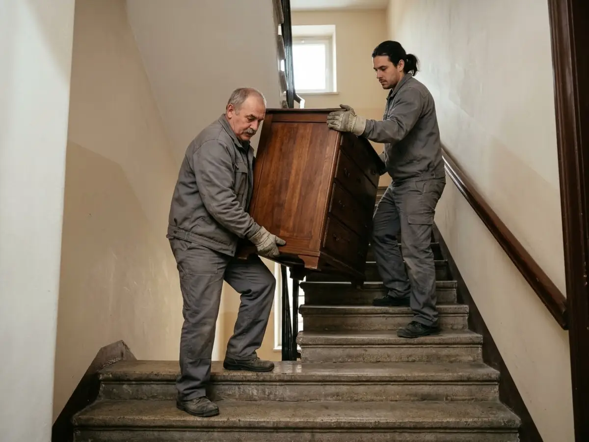 Dos operarios bajando una cómoda de madera por la escalera estrecha de una finca antigua sin ascensor