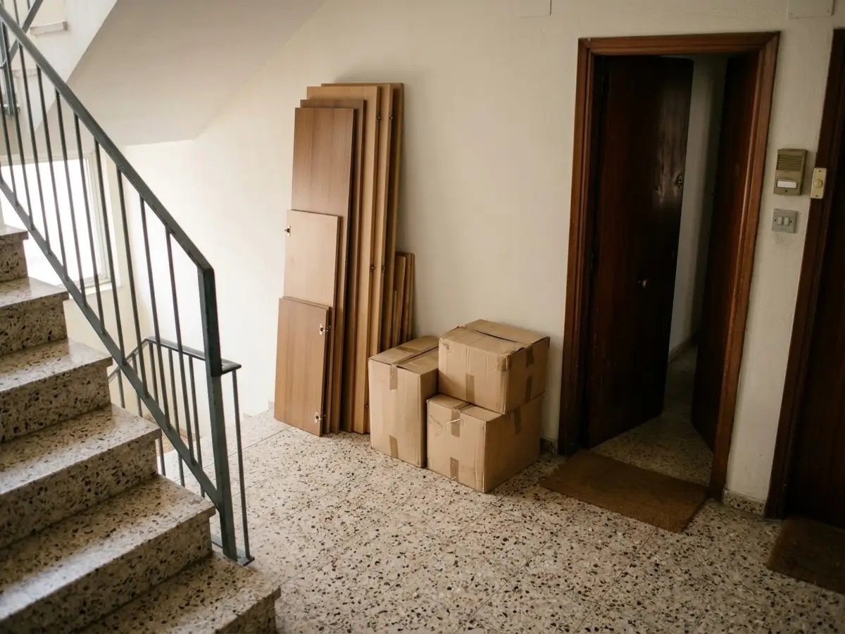 Rellano de la escalera de un bloque de pisos antiguo de Sabadell con un armario desmontado y cajas preparadas para bajar