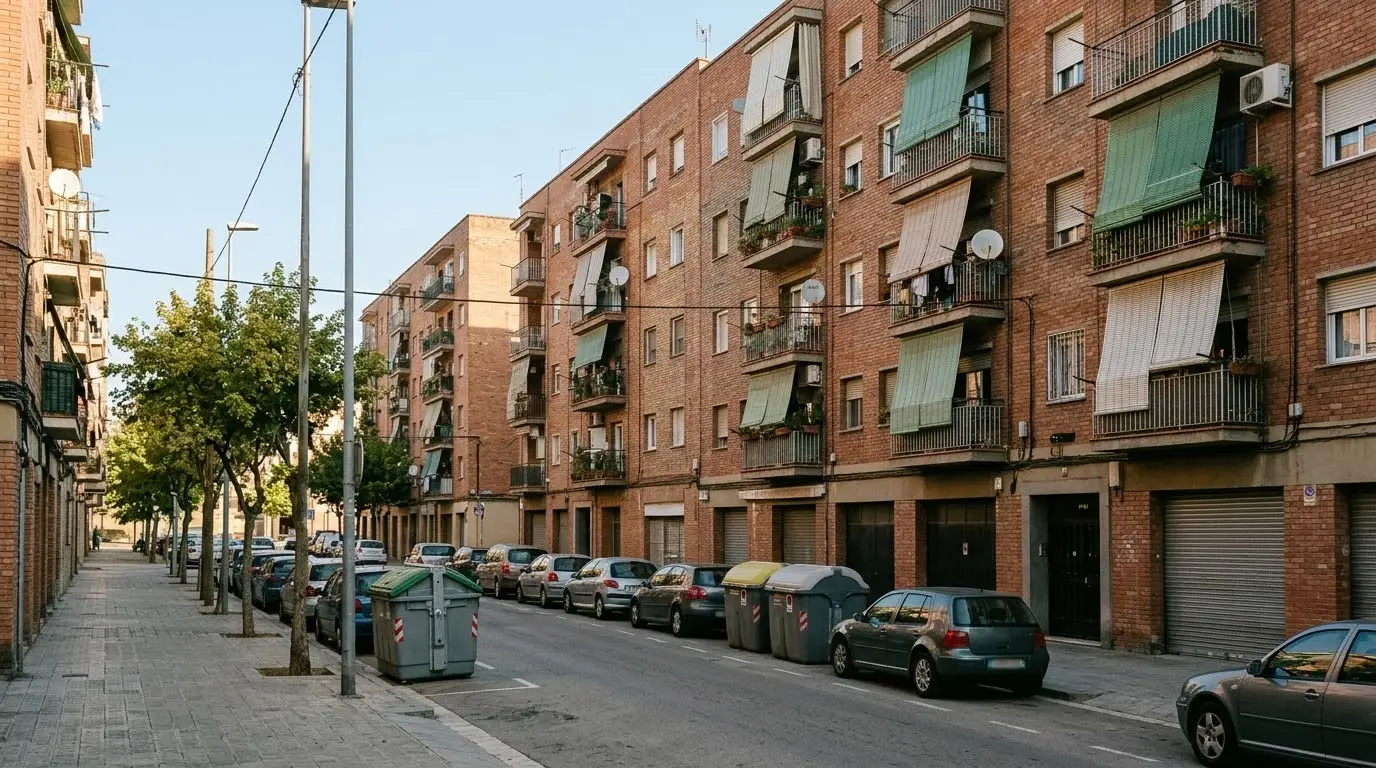 Calle de un barrio de Sabadell con bloques de pisos de ladrillo de los años sesenta y balcones con persianas
