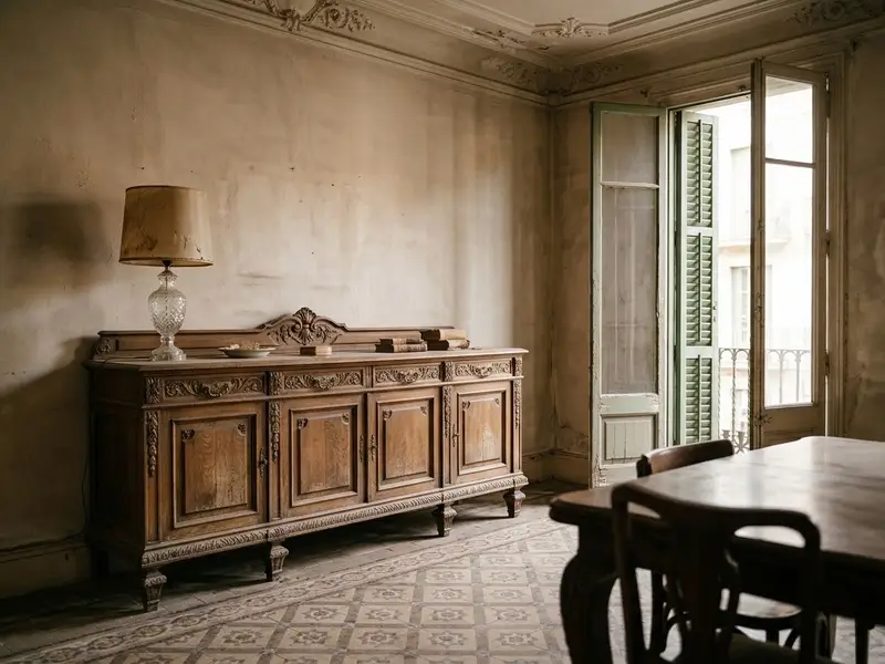 Aparador antiguo de madera maciza con una lámpara de época en el comedor de un piso del Eixample