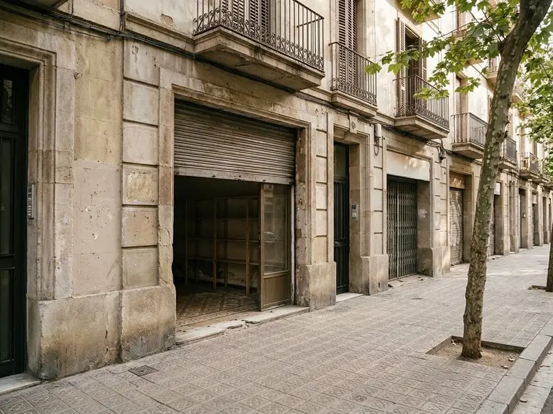 Local comercial a pie de calle con la persiana a medio subir y estanterías vacías dentro
