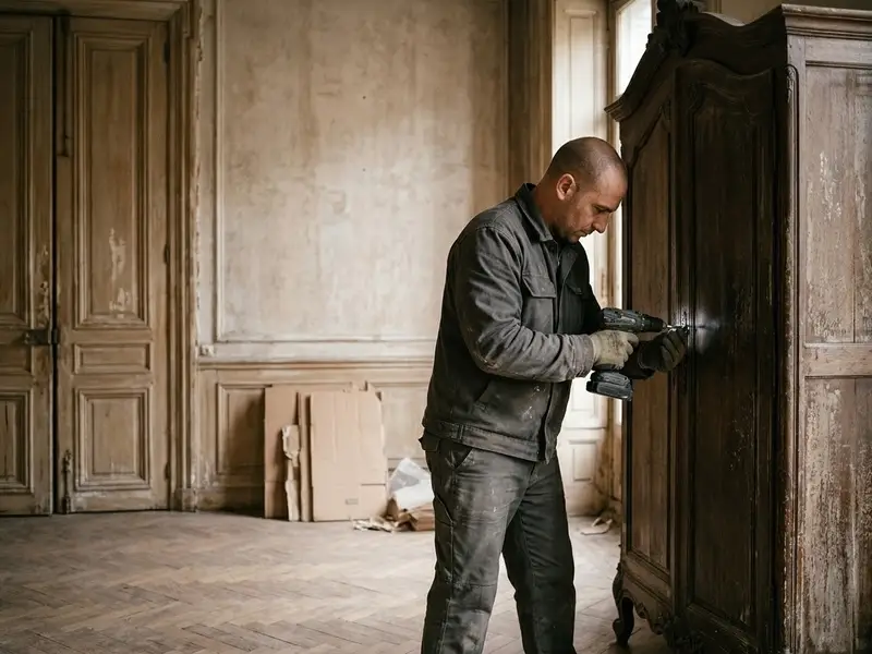 Operario desmontando un armario ropero de madera en un dormitorio vacío