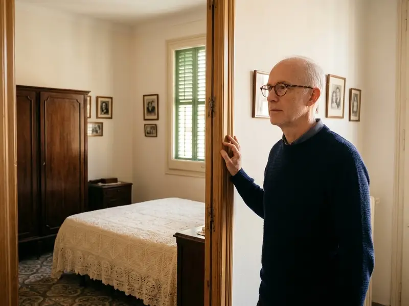 Hombre de mediana edad mirando las habitaciones llenas de muebles antiguos del piso de sus padres